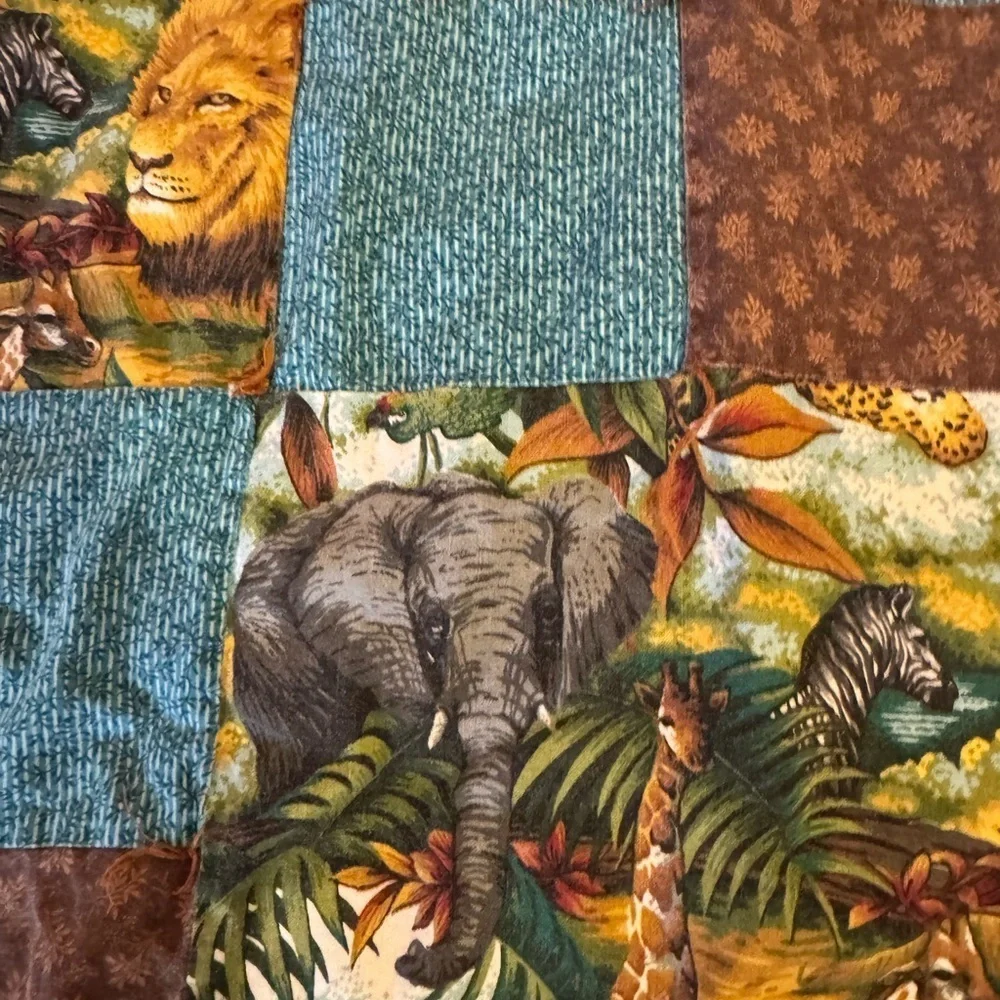 Jungle Printed Brown Handmade Reversible Quilt Elephants Leopards Lions 52 x 37